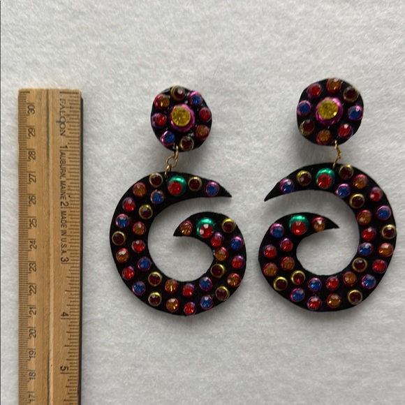 Vintage Patent Leather Rhinestone Multicolor Statement Clip on Dangle Earrings - Picture 5 of 6